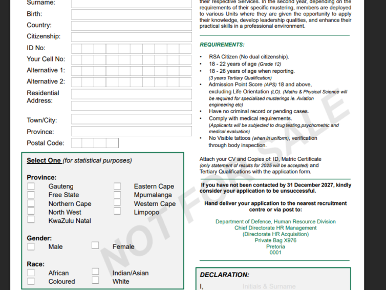 SANDF MSDS Application Form 2027 Intake Now Open