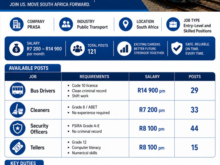 PRASA Careers 2026: Bus Drivers, Cleaners, Security Officers and Tellers Opportunities in South Africa